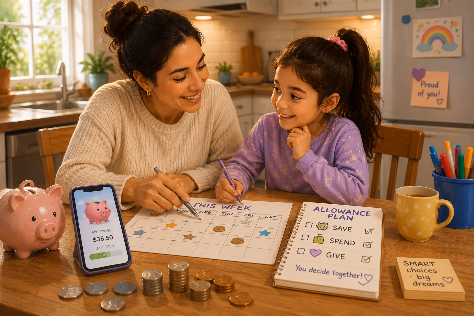 A mother and daughter setting up a weekly calendar marked with a payday checkmark