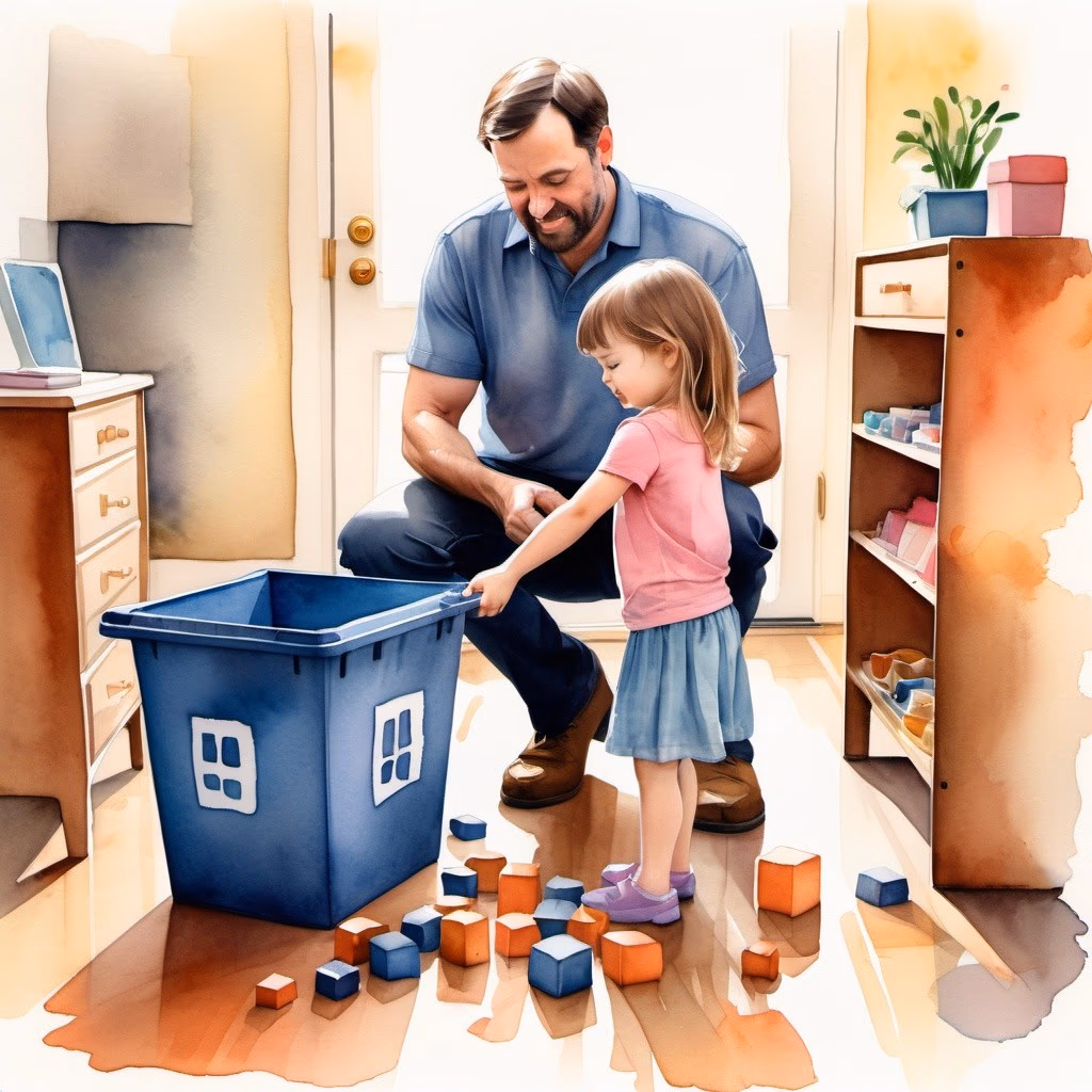 Dad and daughter cleaning up blocks in their room