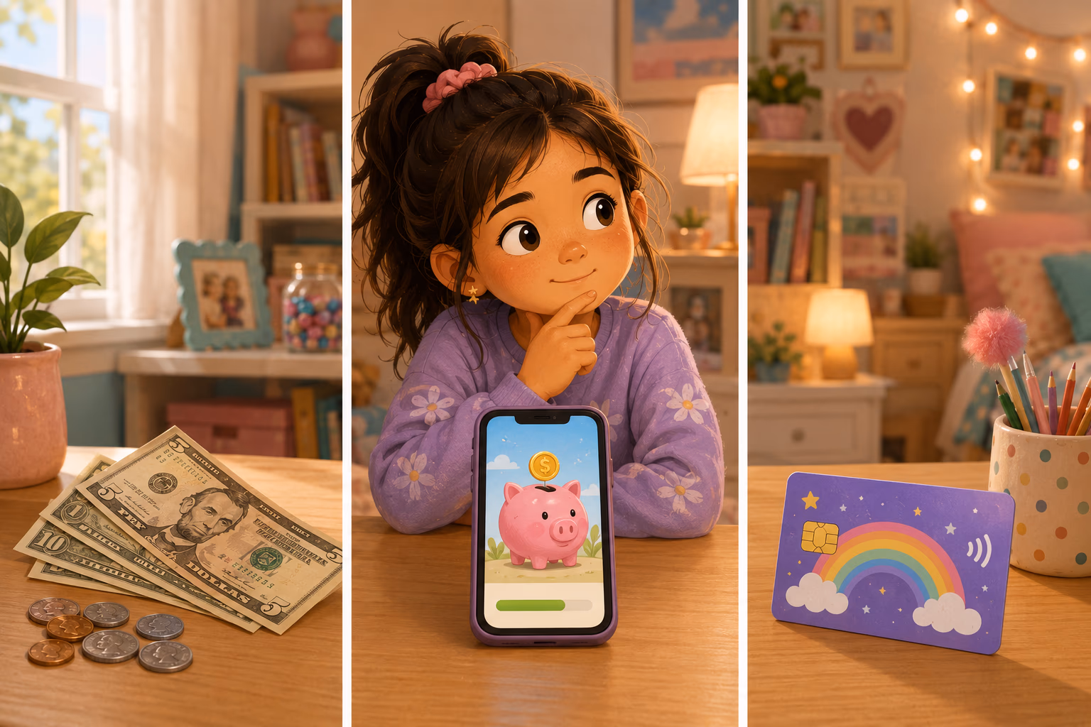 a kid looking at a pile of cash, a phone screen showing a balance, and a debit card