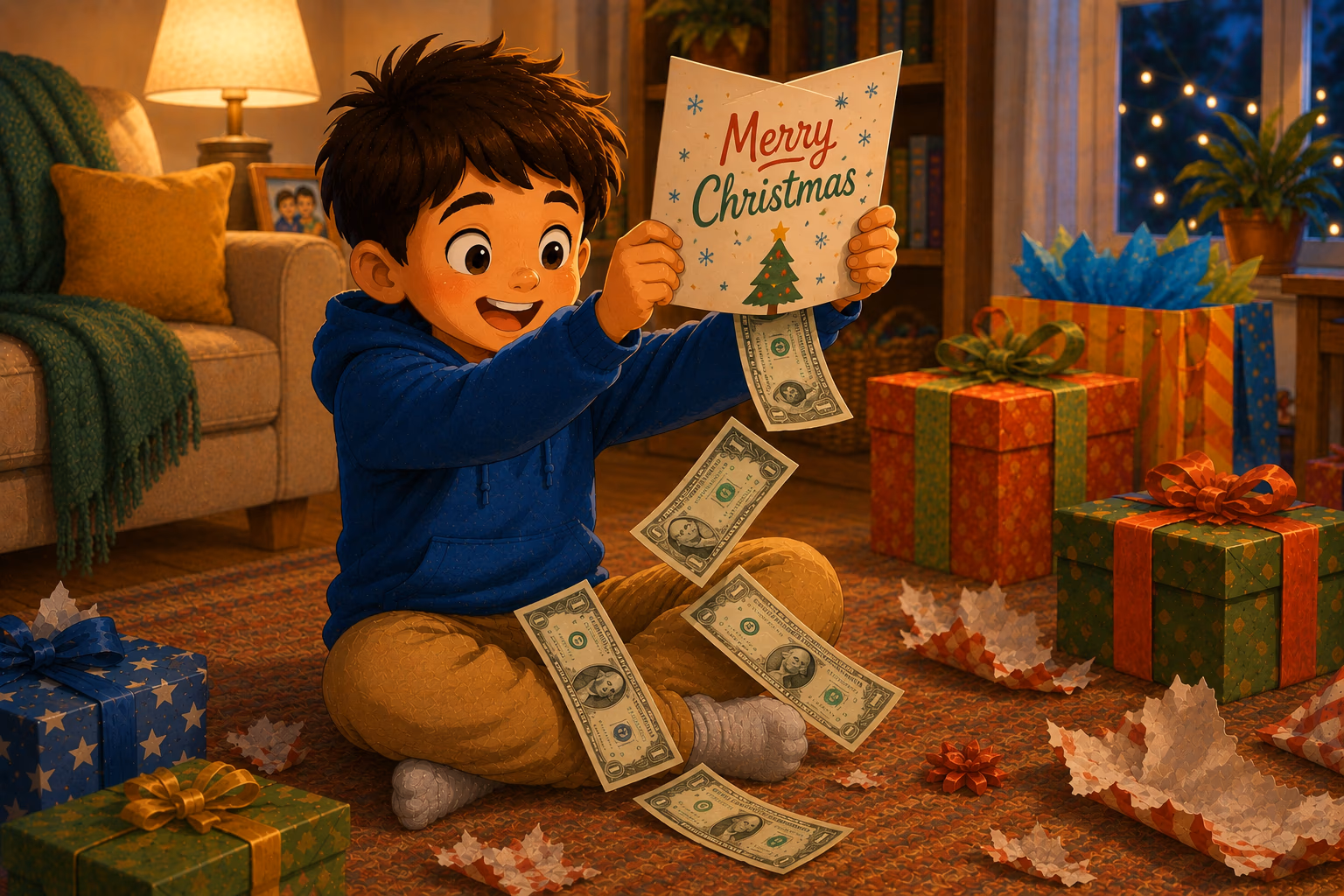 A child holding a birthday card with cash tucked inside