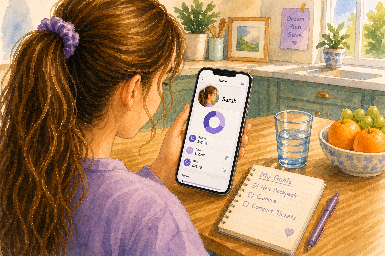 Tween checking savings progress on a phone app at the kitchen table