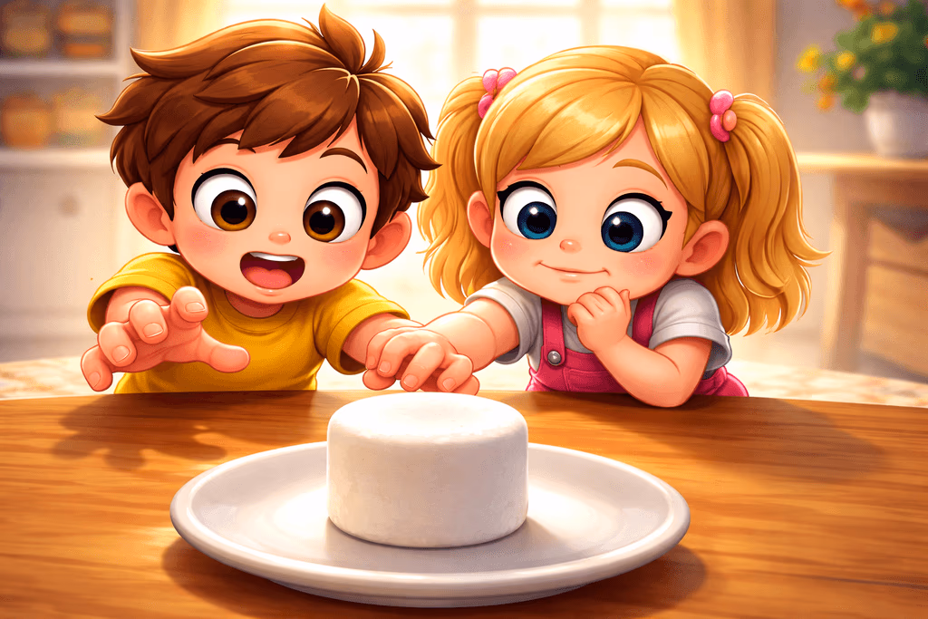 A large marshmallow with two kids eyeing it while one is reaching for it