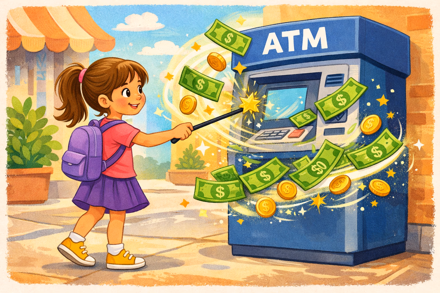 daughter is tapping an ATM machine and money is flying out magically