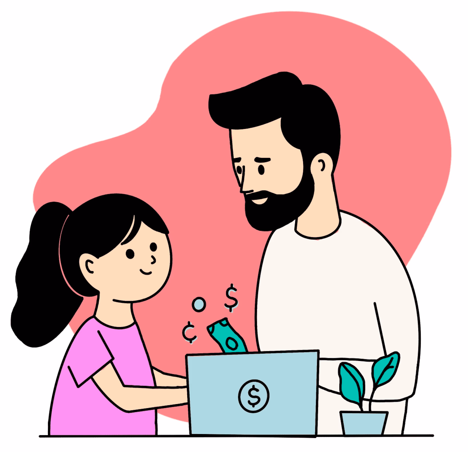 A daughter and father talking about money around a laptop