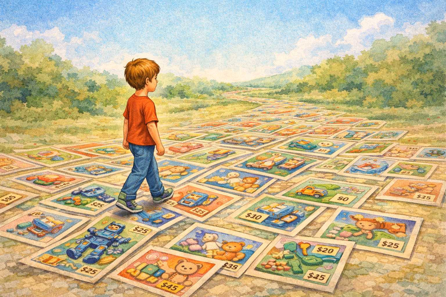 A boy walking on top of ads, ignoring them as he walks.