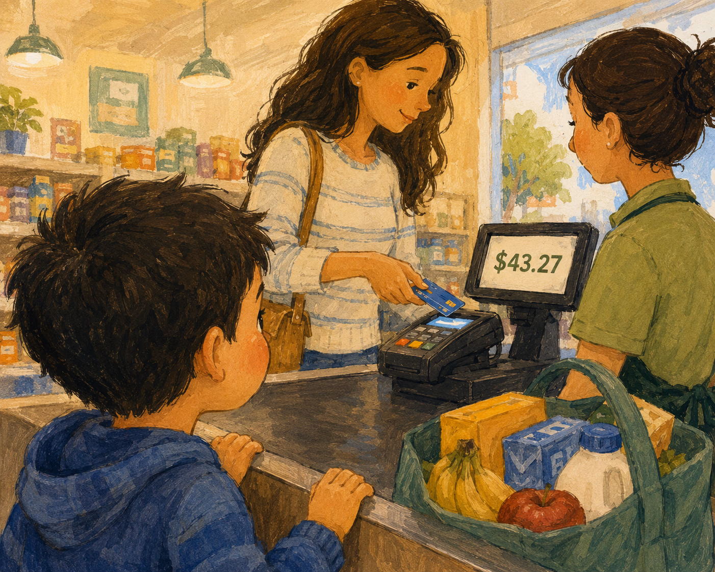 Parent and child at a store checkout sharing a money moment