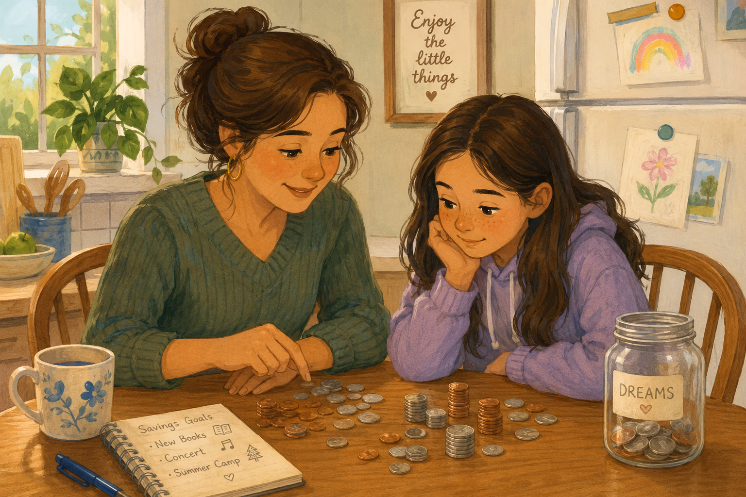 Mother and child counting coins together at the kitchen table