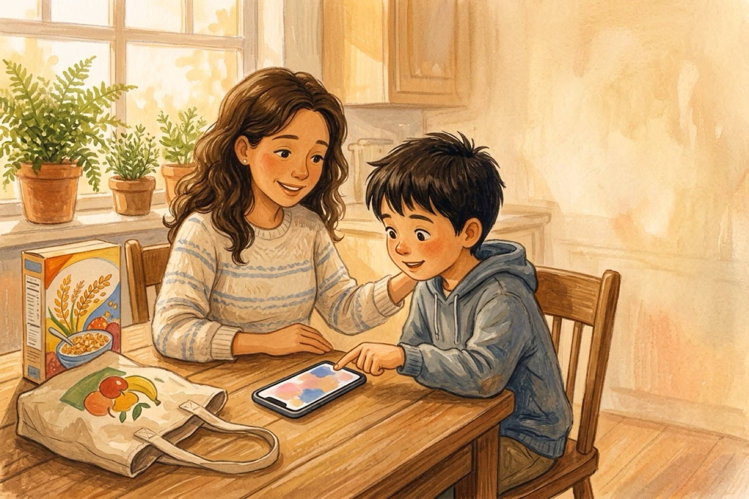 Parent and preteen sitting at the kitchen table looking at a phone together and talking about money