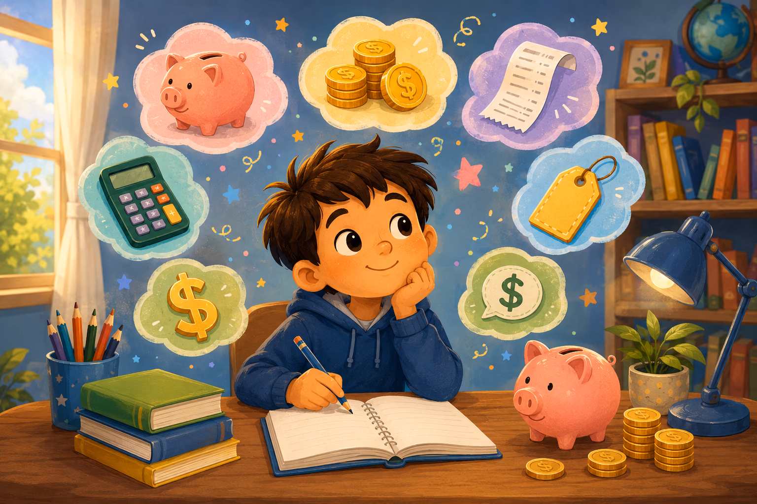 A child reading a book with money terms