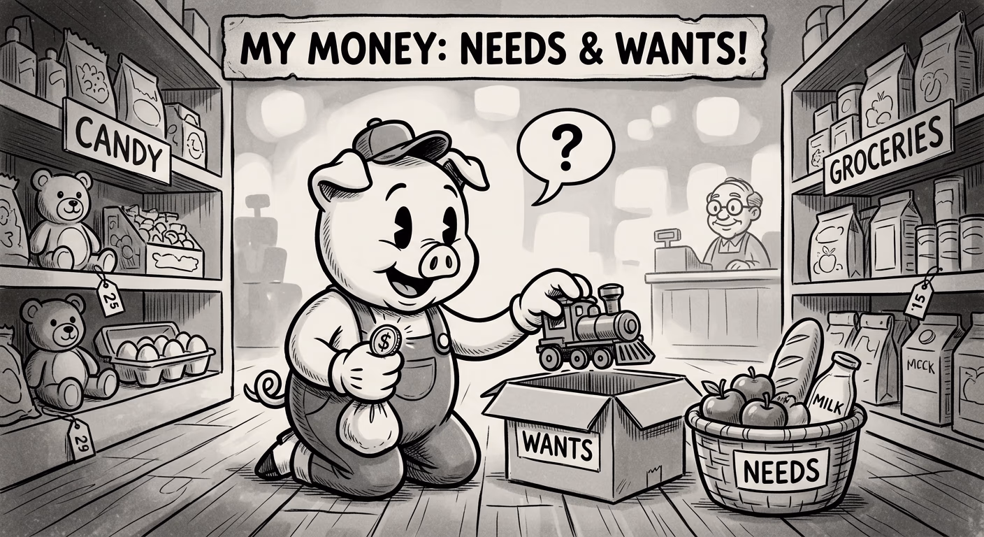 A child sorting items into needs and wants piles at a store, deciding how to spend their own money