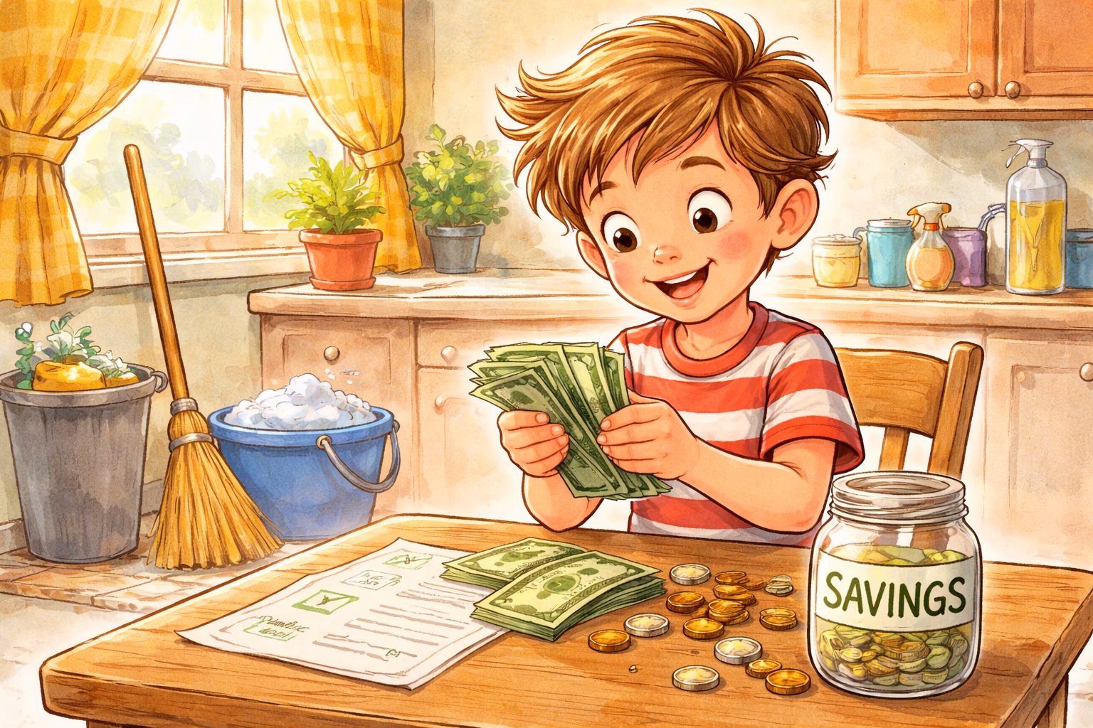 Child counting dollar bills after completing household chores
