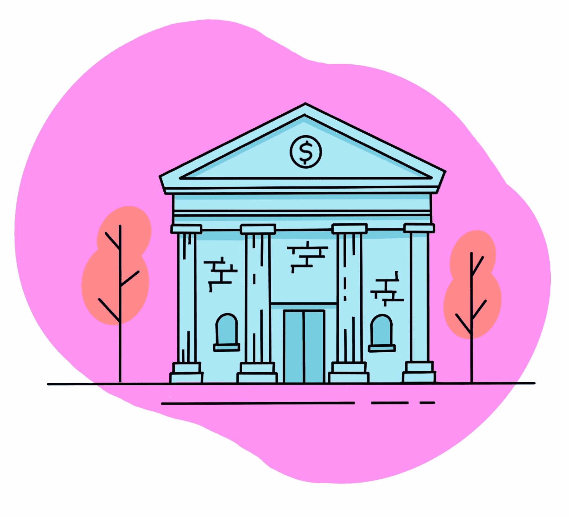 A vector illustration of a large bank and two trees