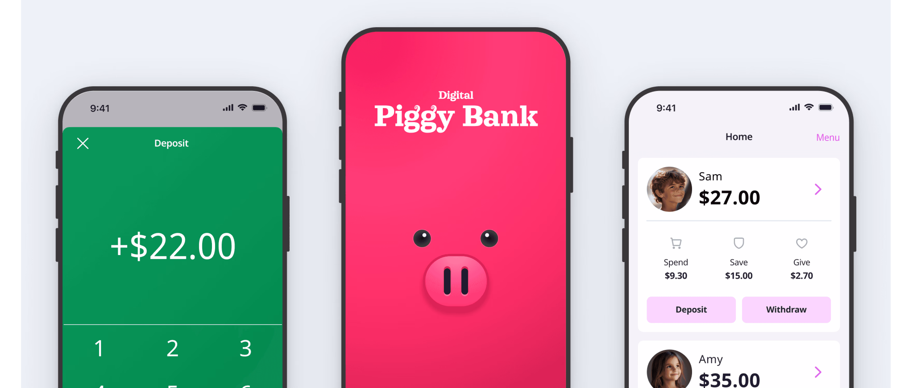 3 phones with different screens from the Digital Piggy Bank app