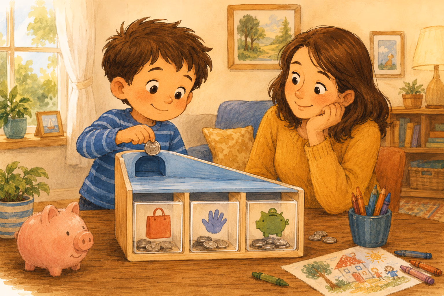 kid placing a coin in one of three boxes labeled save, spend, and give