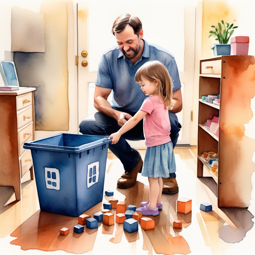 Dad and daughter cleaning up blocks in their room