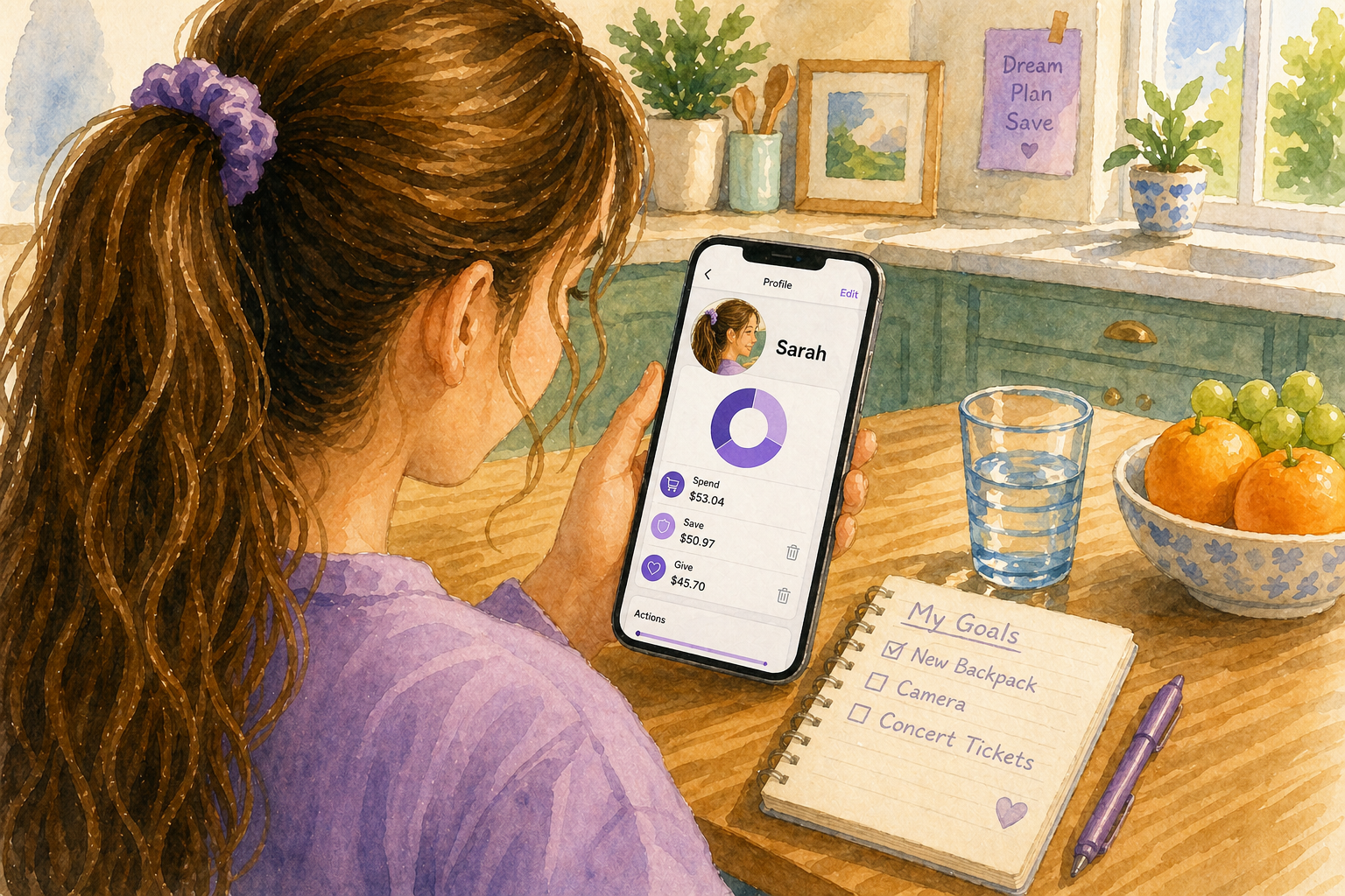 Tween checking savings progress on a phone app at the kitchen table
