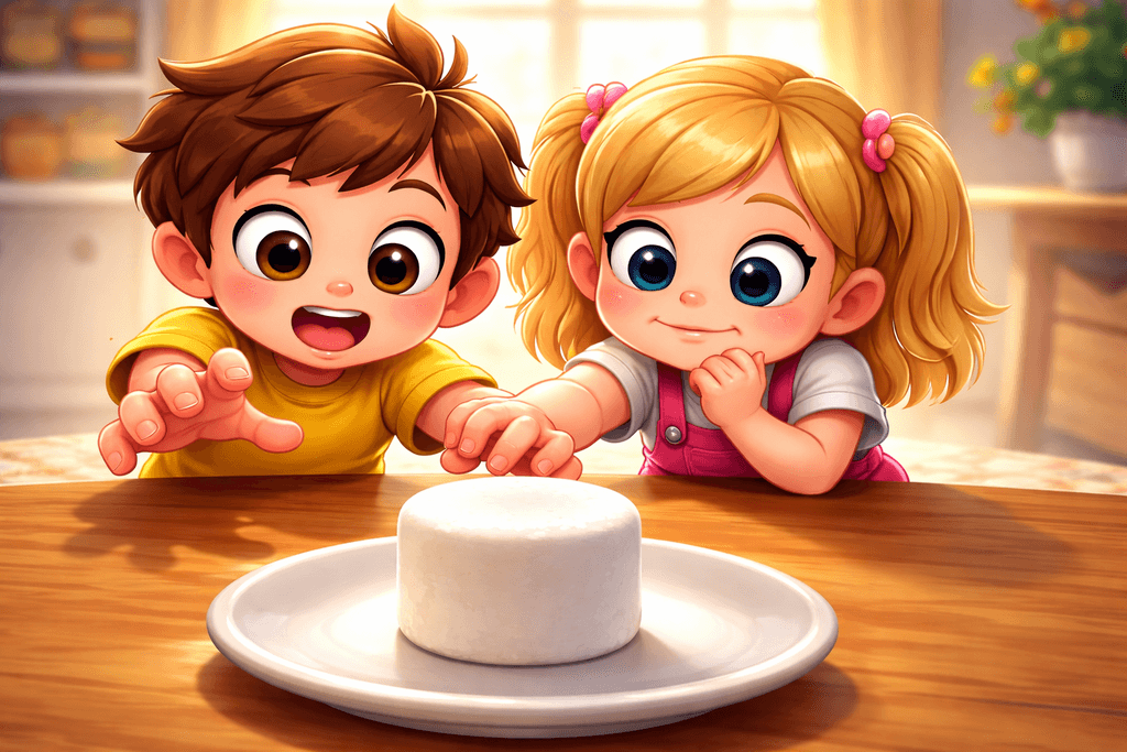 A large marshmallow with two kids eyeing it while one is reaching for it