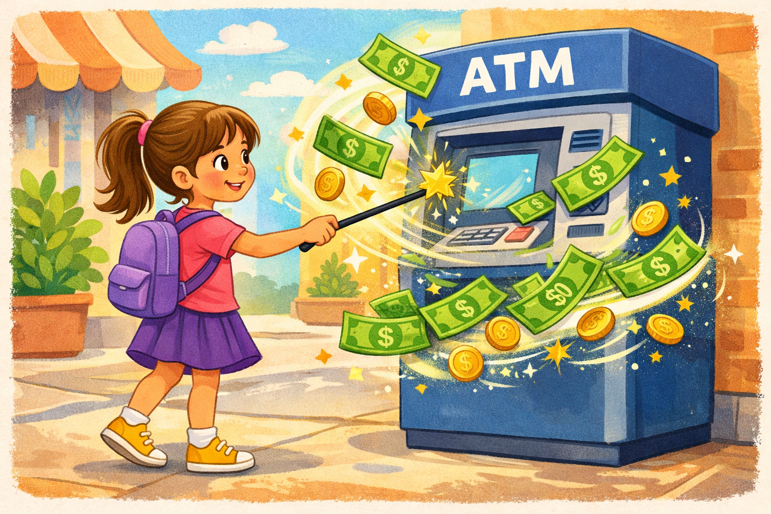 daughter is tapping an ATM machine and money is flying out magically
