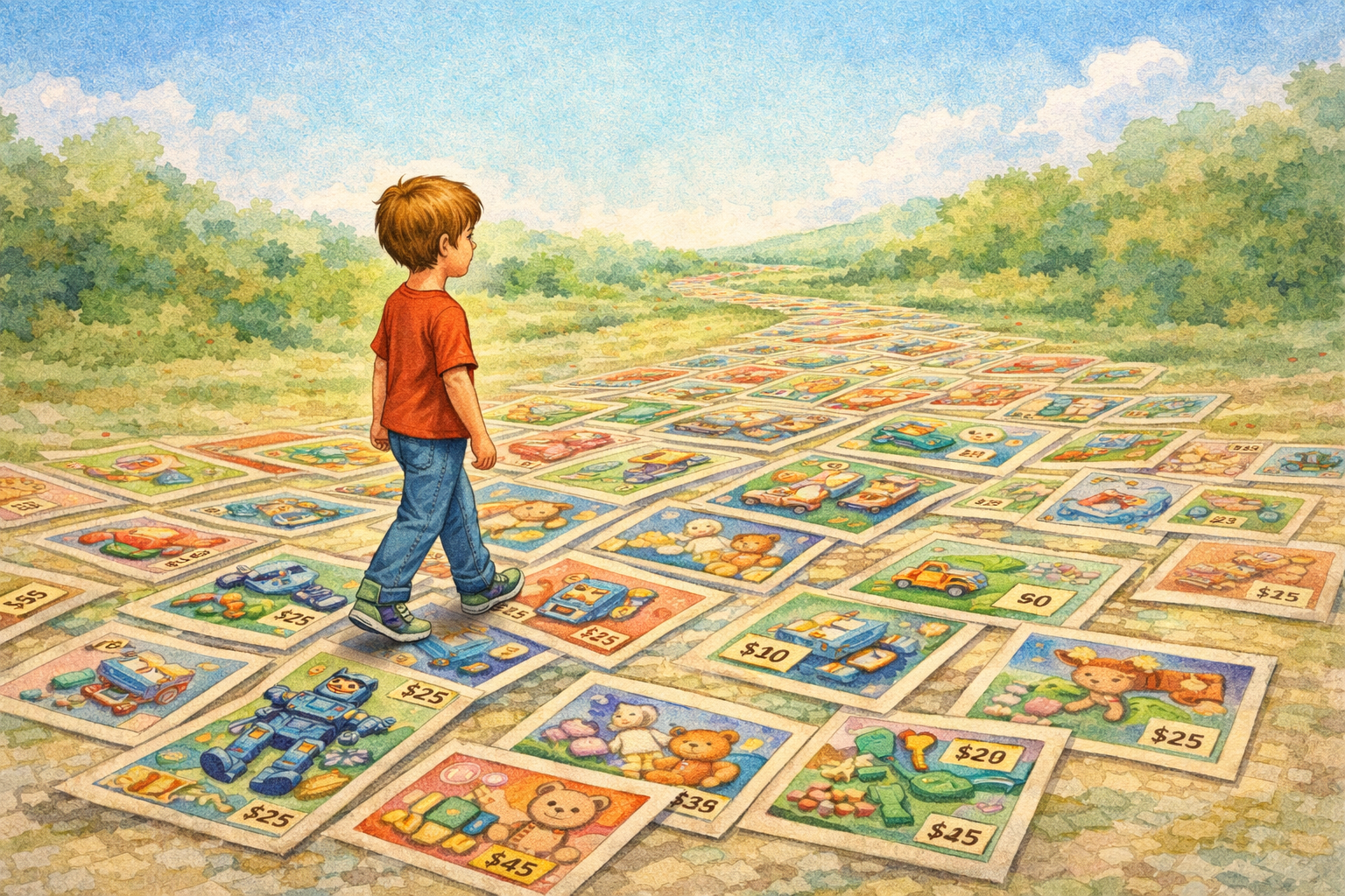 A boy walking on top of ads, ignoring them as he walks.