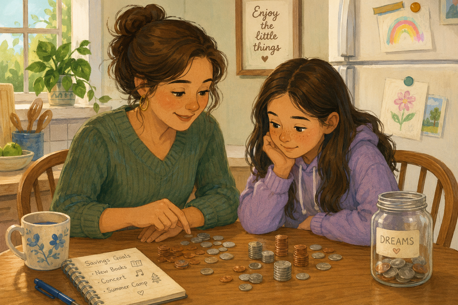 Mother and child counting coins together at the kitchen table