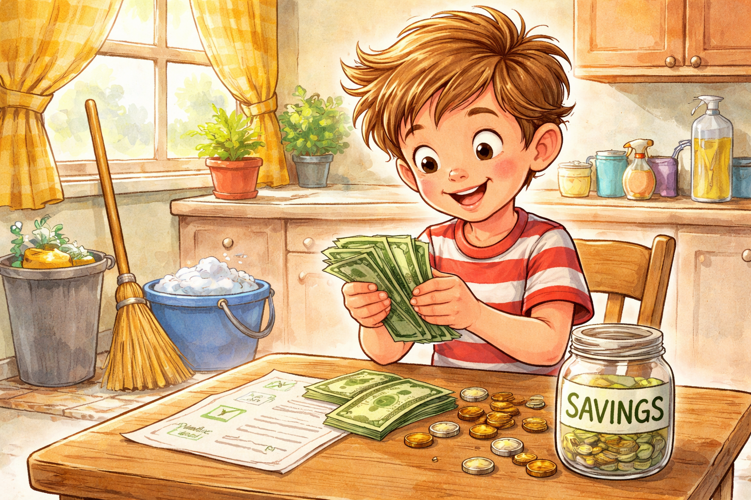 Child counting dollar bills after completing household chores