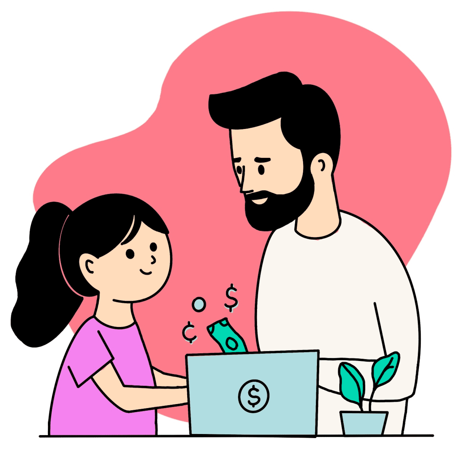 A daughter and father talking about money around a laptop