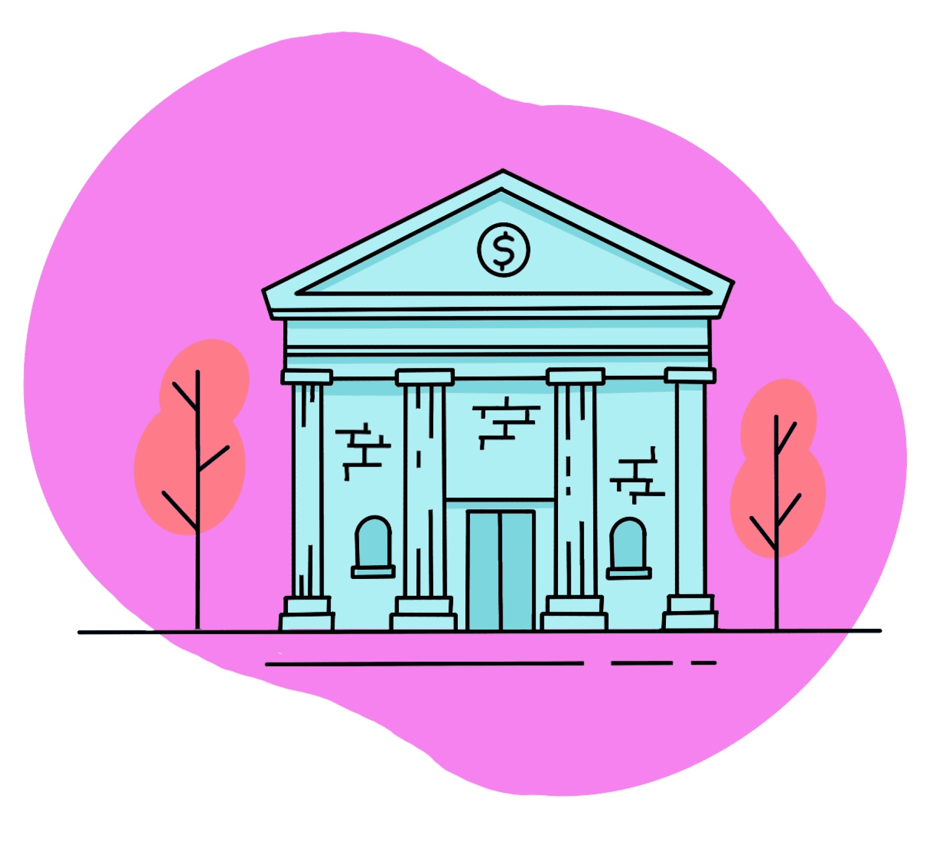 A vector illustration of a large bank and two trees