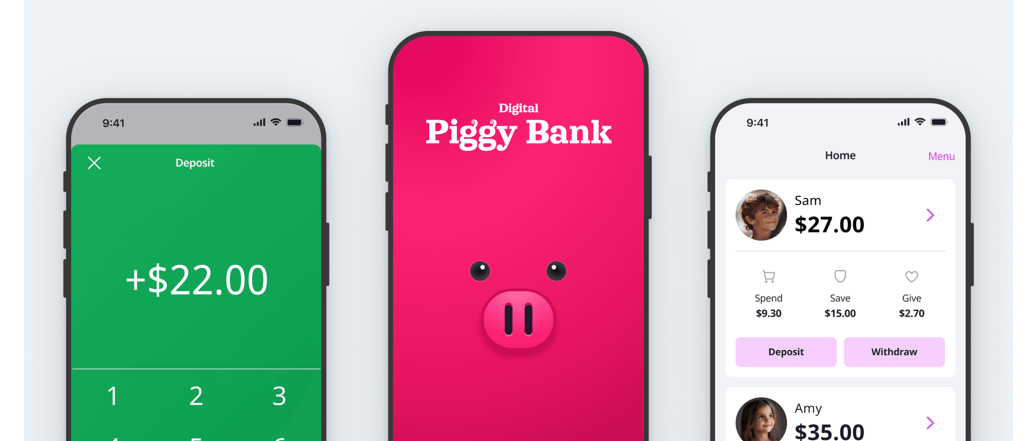 3 phones with different screens from the Digital Piggy Bank app